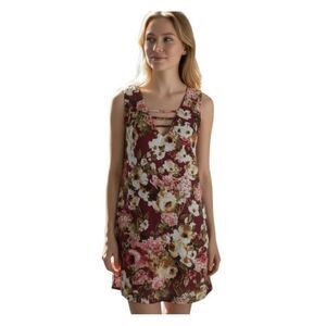 BLUE RAIN BURGUNDY, PINK, & CREAM FLORAL SLEEVELESS DRESS SZ.M EUC.